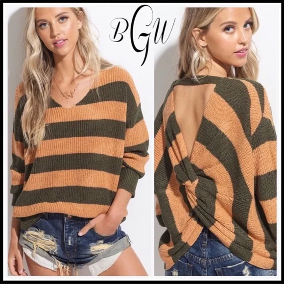 NWT Gorgeous Orange & Green Striped V-Neck Open Back Knit Sweater - Picture 2 of 8